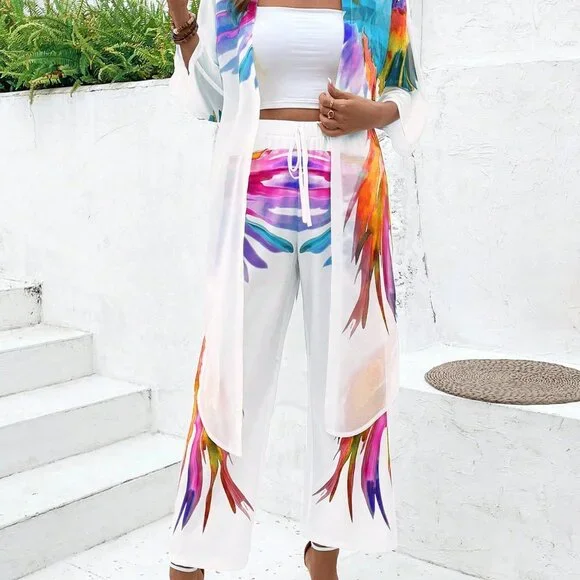 Yellow Casual Women's Tropical Floral 3/4 Sleeve Cardigan & Pants Set - Picture 6 of 6